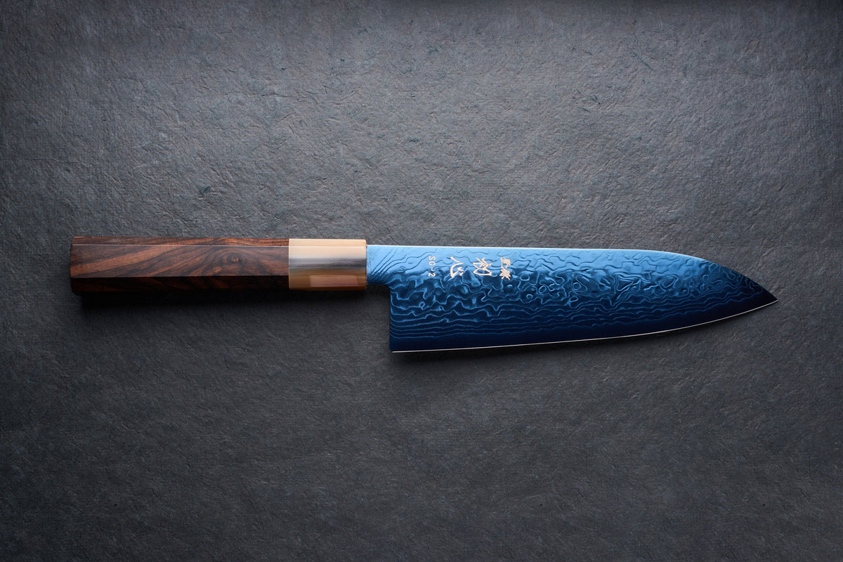 Hatsukokoro Ryuhyo SG2 Damascus BLUE Santoku 180mm